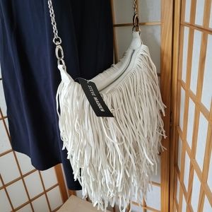 NWT STEVE MADDEN WOMEN WHITE ALL FRINGE MINI CROSSBODY BAG WITH LONG HANDLE